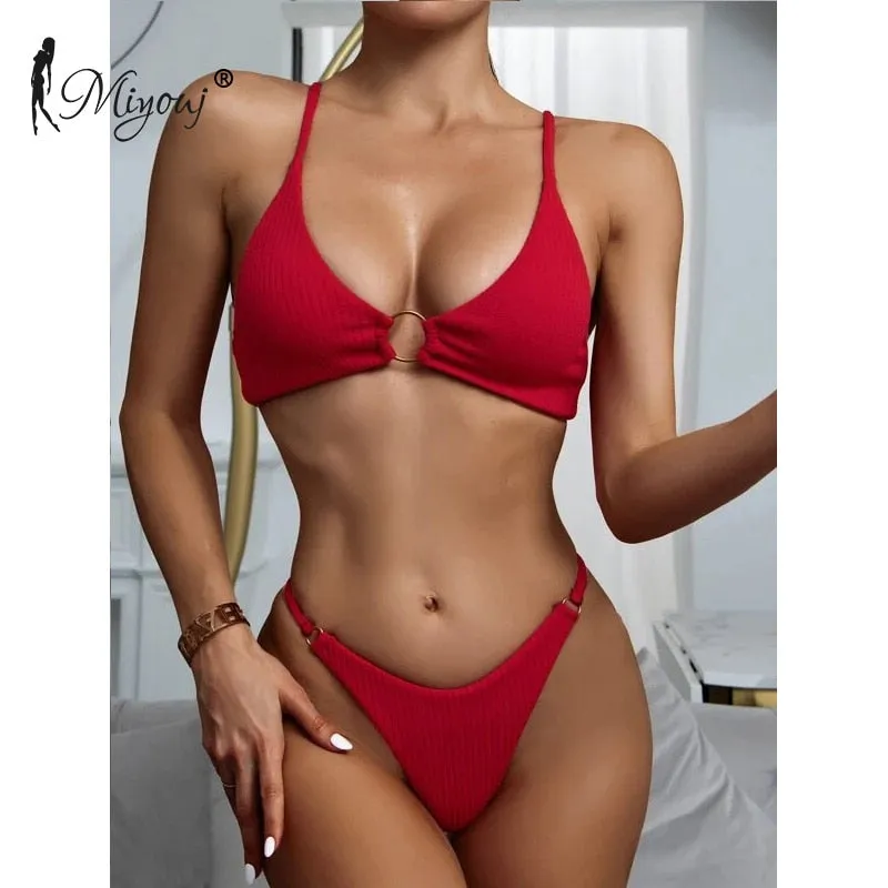 High Cut Rib Swimwear Solid Beachwear Bathing Suits Rings Bikini Sets Hollow Out Swimsuit